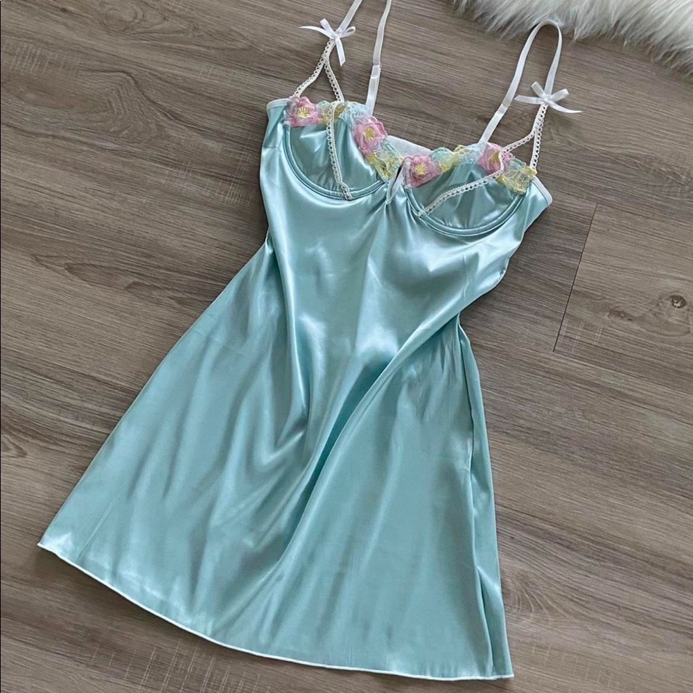 Reposh- Light Blue Floral Design Satin Mini Dress